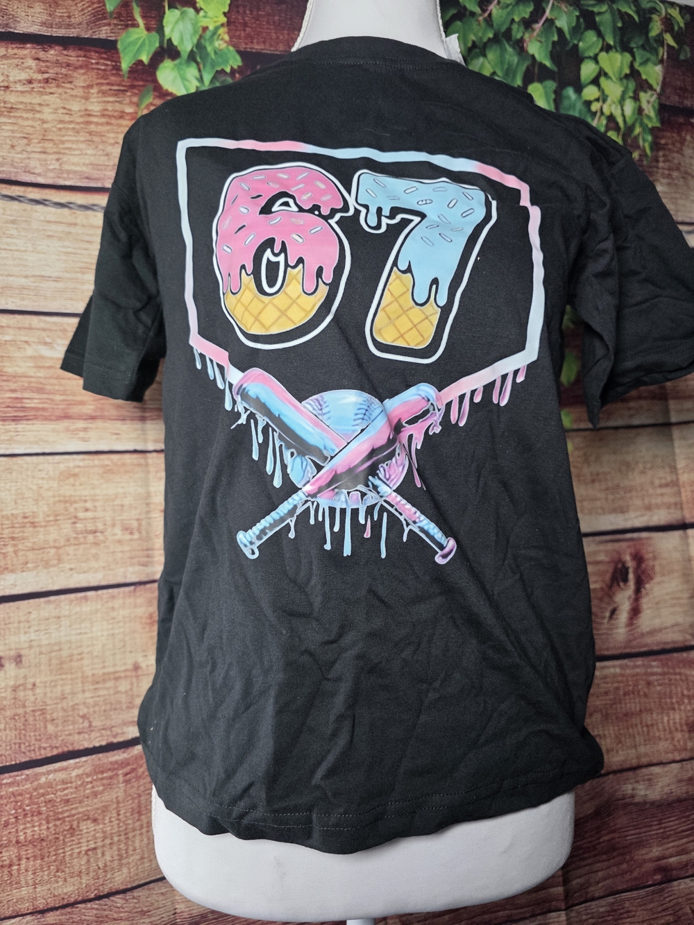 NWOT Black Graphic Tee with Pink & Blue Dripping '67' Design